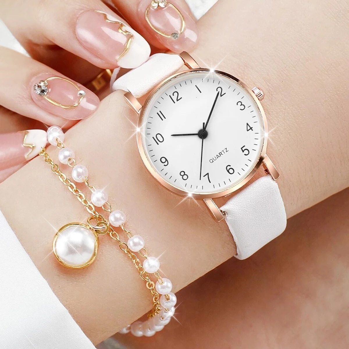 Women Rose Gold Pearl Jewelry  - Luxury Watch White recension och pris
